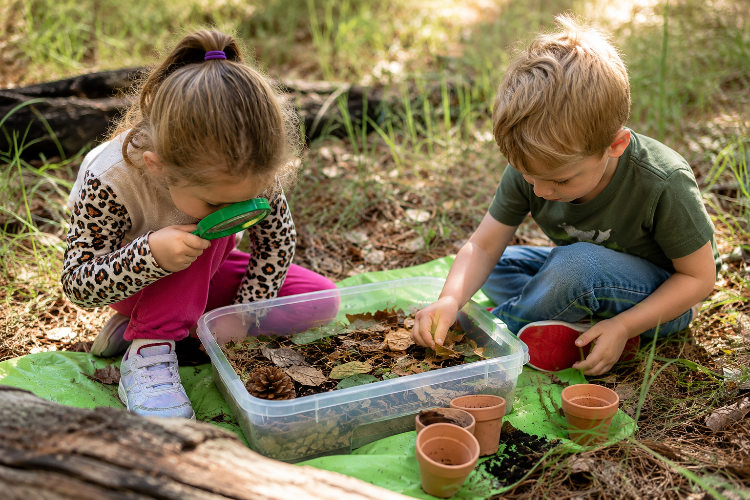a Little girl looks through a spy glass next to a little boy playing in container of leaves and pinecones.