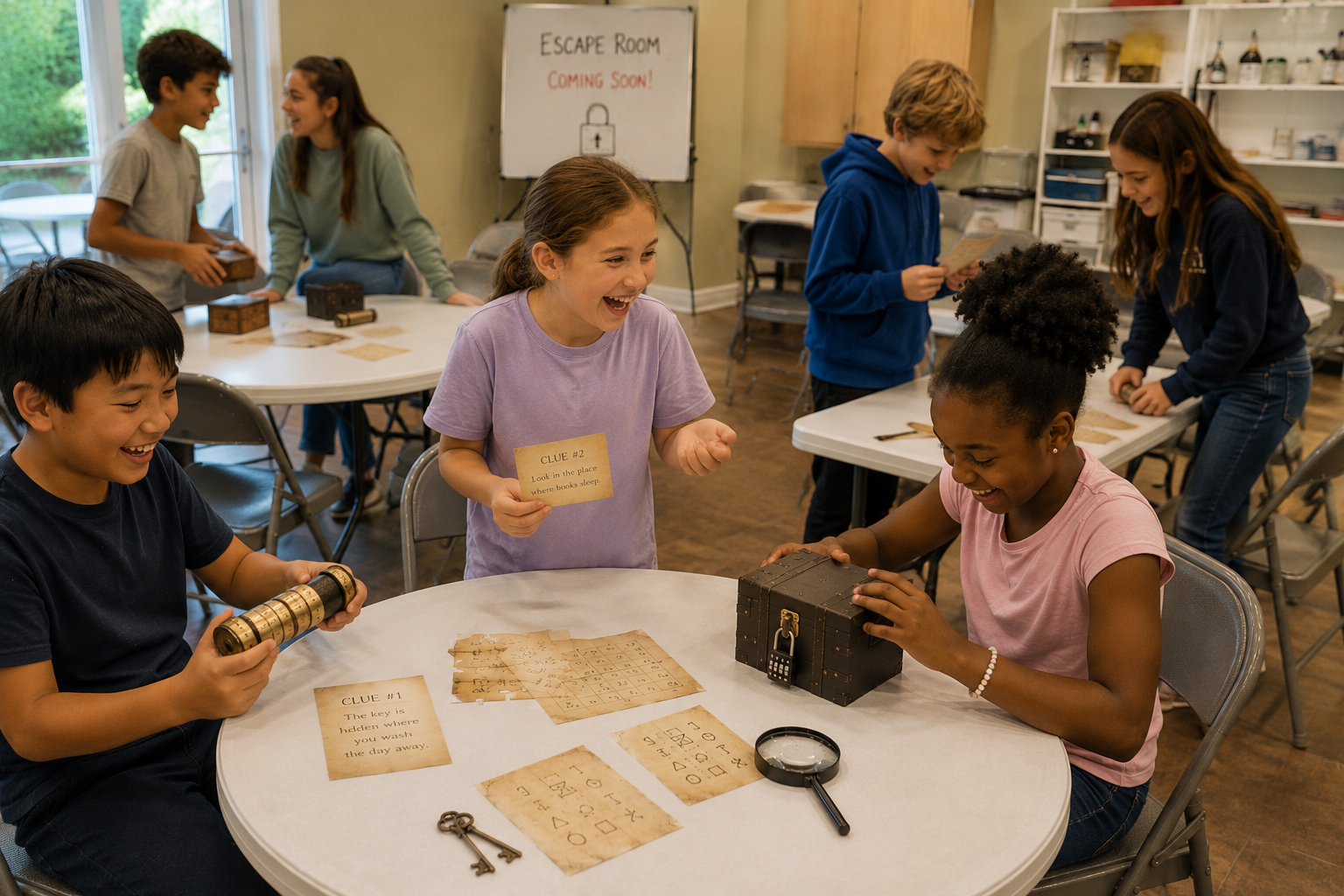 Students are looking at maps and treasure box