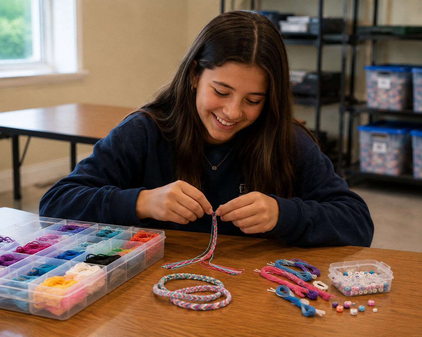 Girl sits at table making a bracelet.