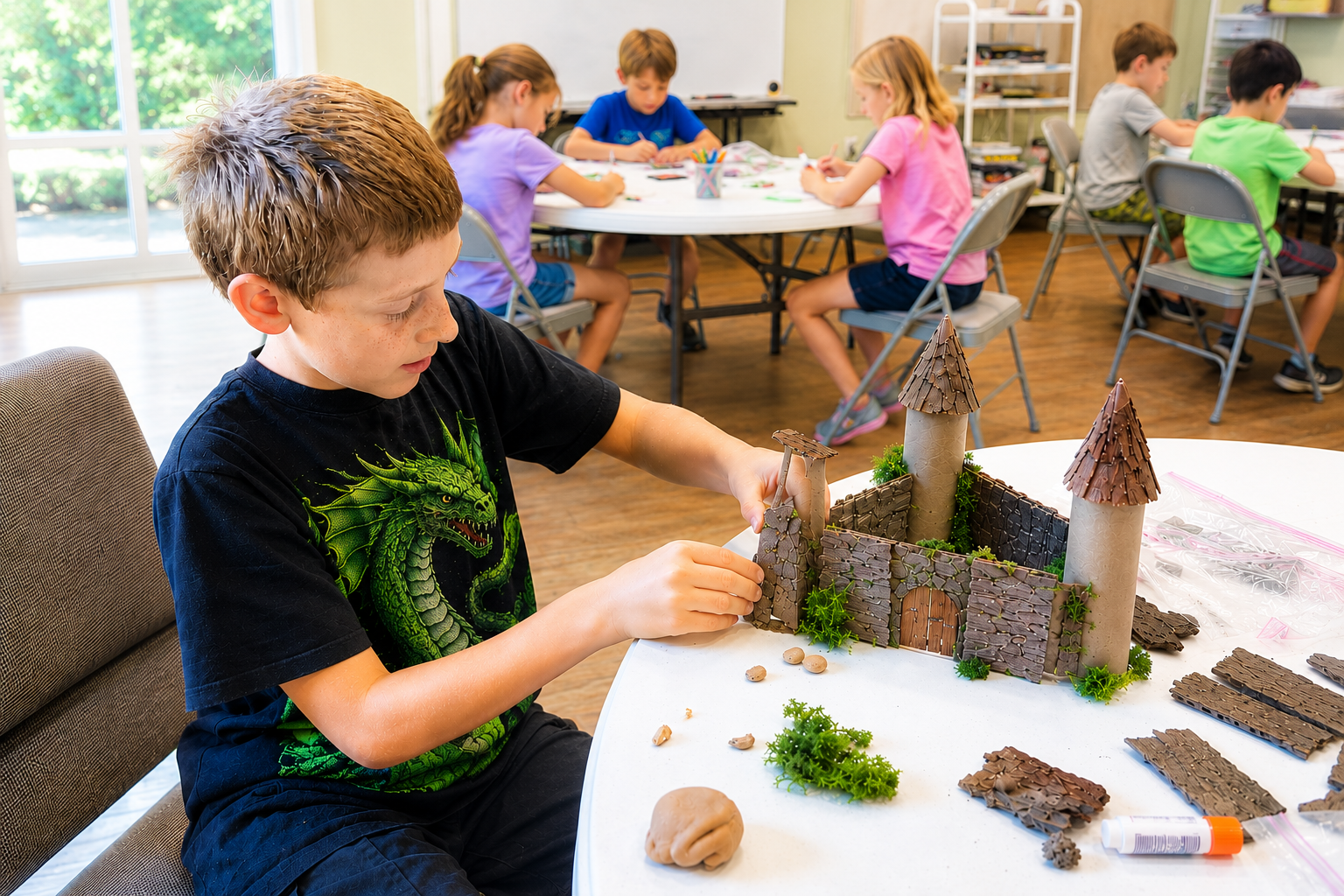 A little boy, in a dragon shirt, is sitting at a table working on a castle he has made from clay and wood sitting at a white table with other students sitting at another table behind him.