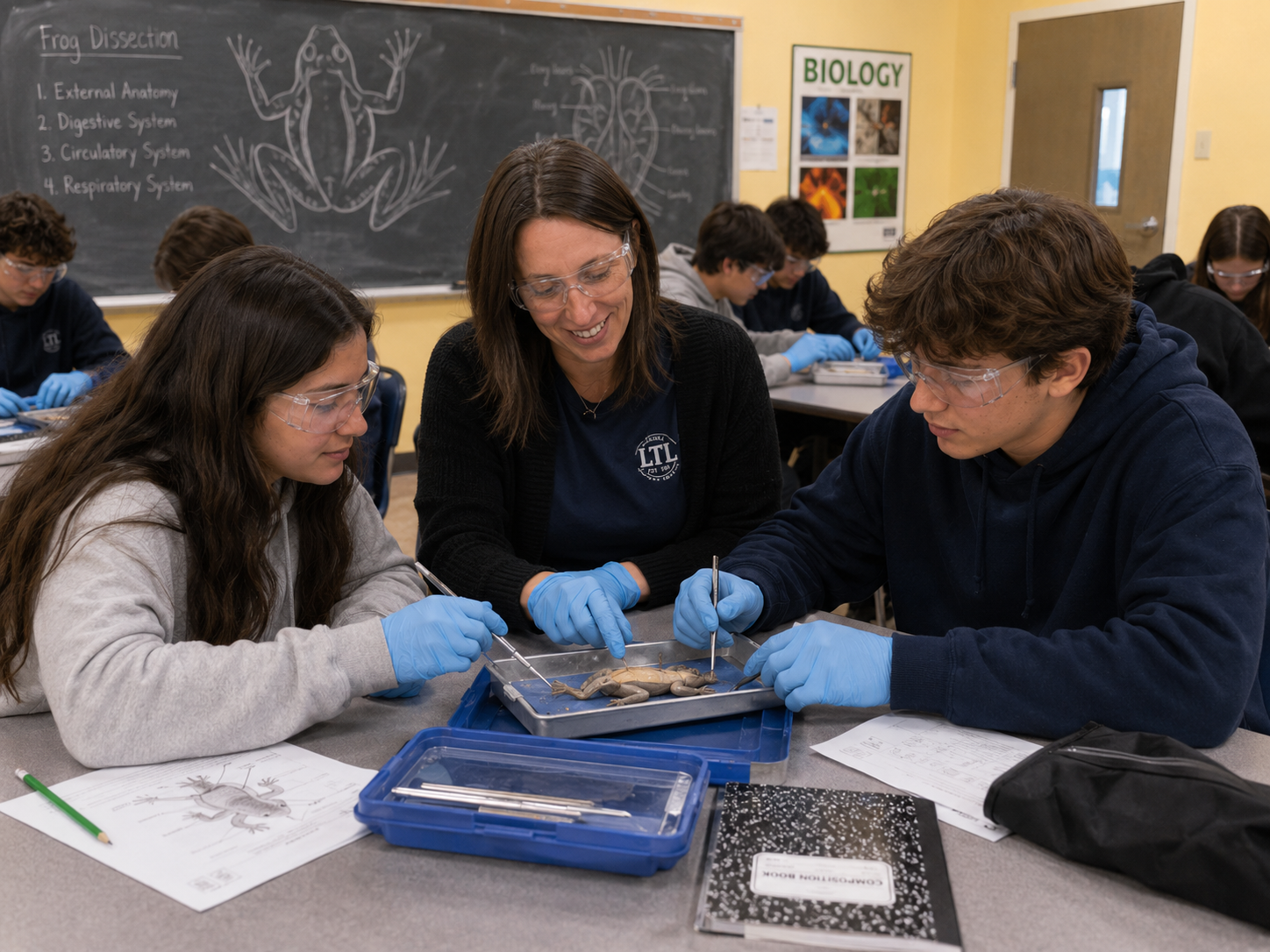 A teacher instructs two students on dissecting a frog with blue gloves on and scalpels in hand.