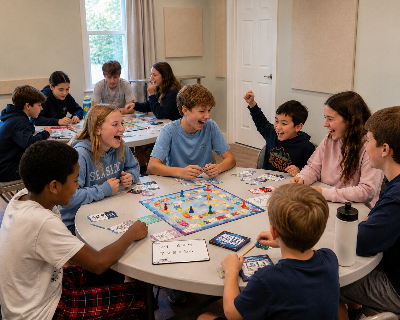 Students sit at table playing board games.