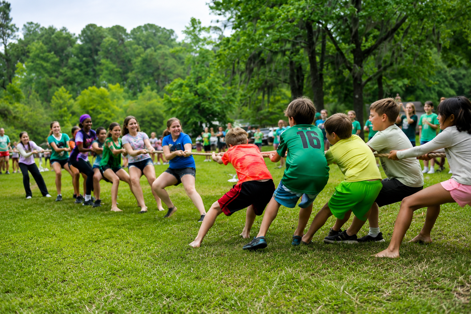 kids play tug of war on a lawn while their friends cheer them on in the background.