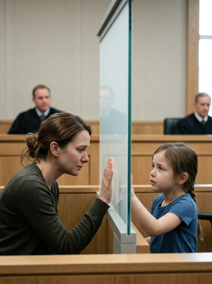 A woman and a young girl touching hands on either side of a glass partition in a courtroom, with three judges sitting behind them.