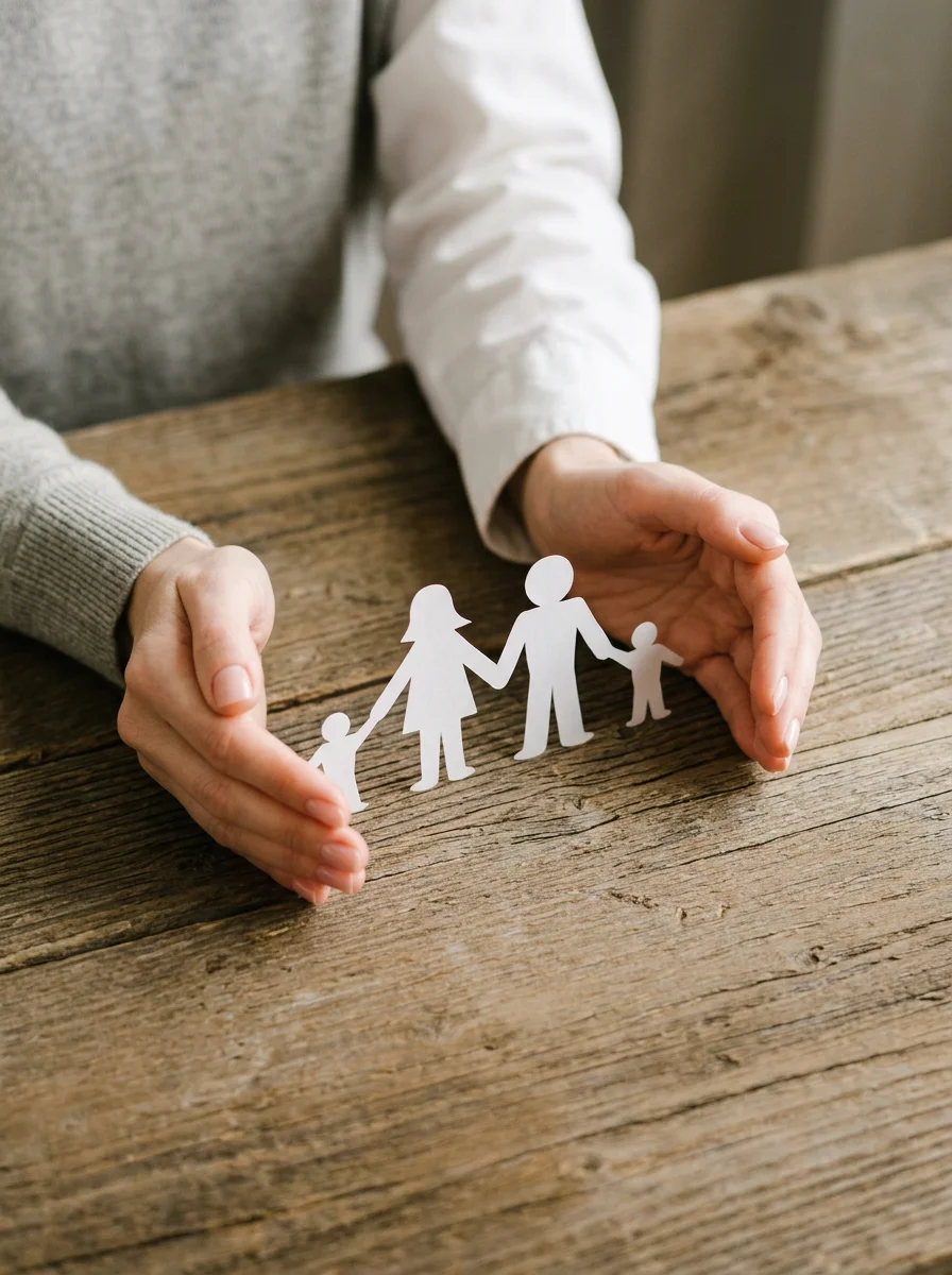 Hands holding paper cutouts of a family on a wooden table.