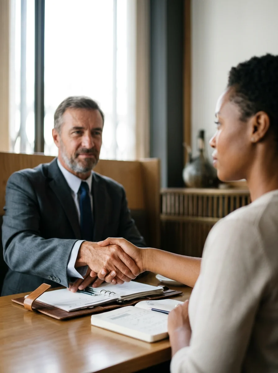 A man and woman shake hands during a business meeting or interview at a wooden table, with documents and a notebook in front of them.