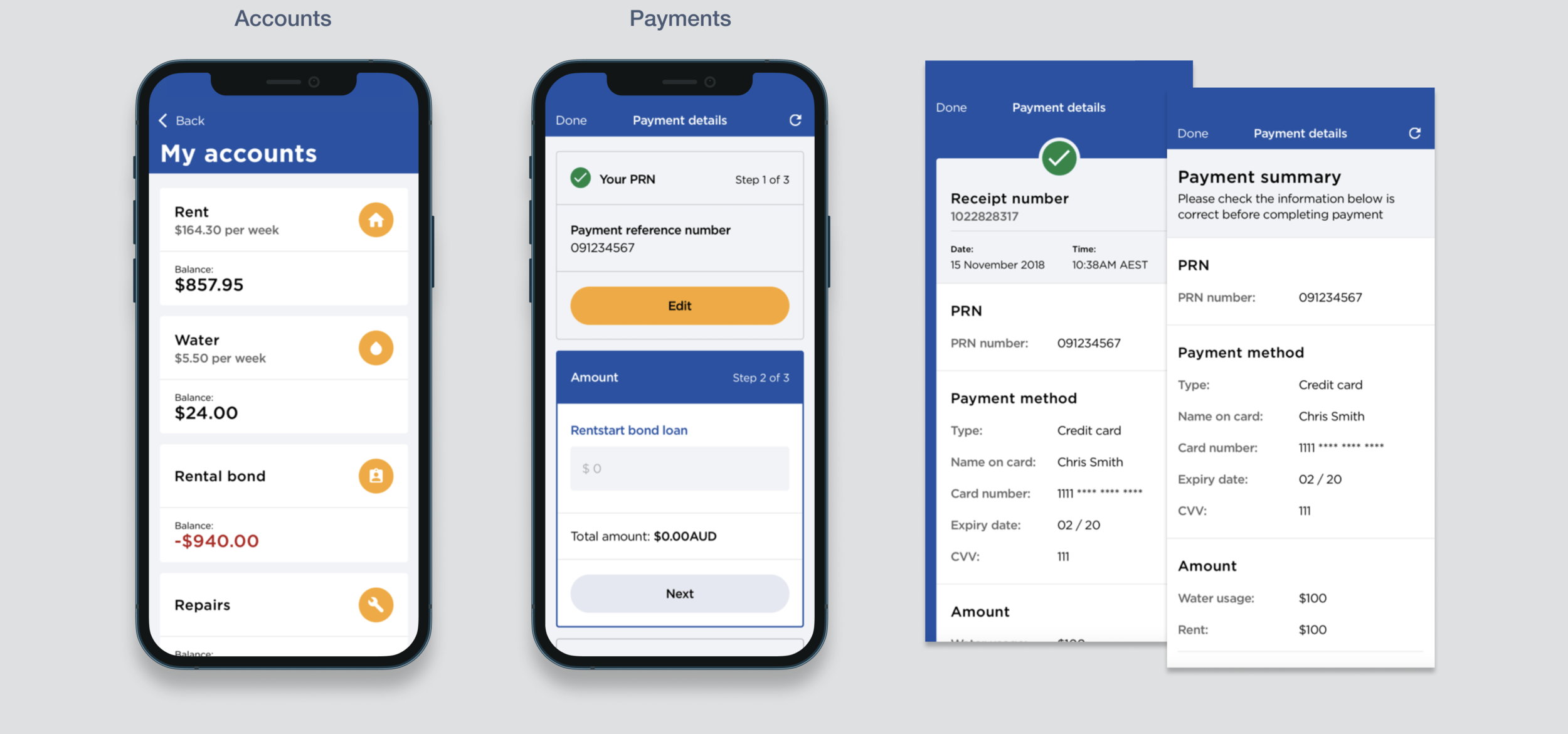 A picture of the MyHousing app accounts and payments screens.