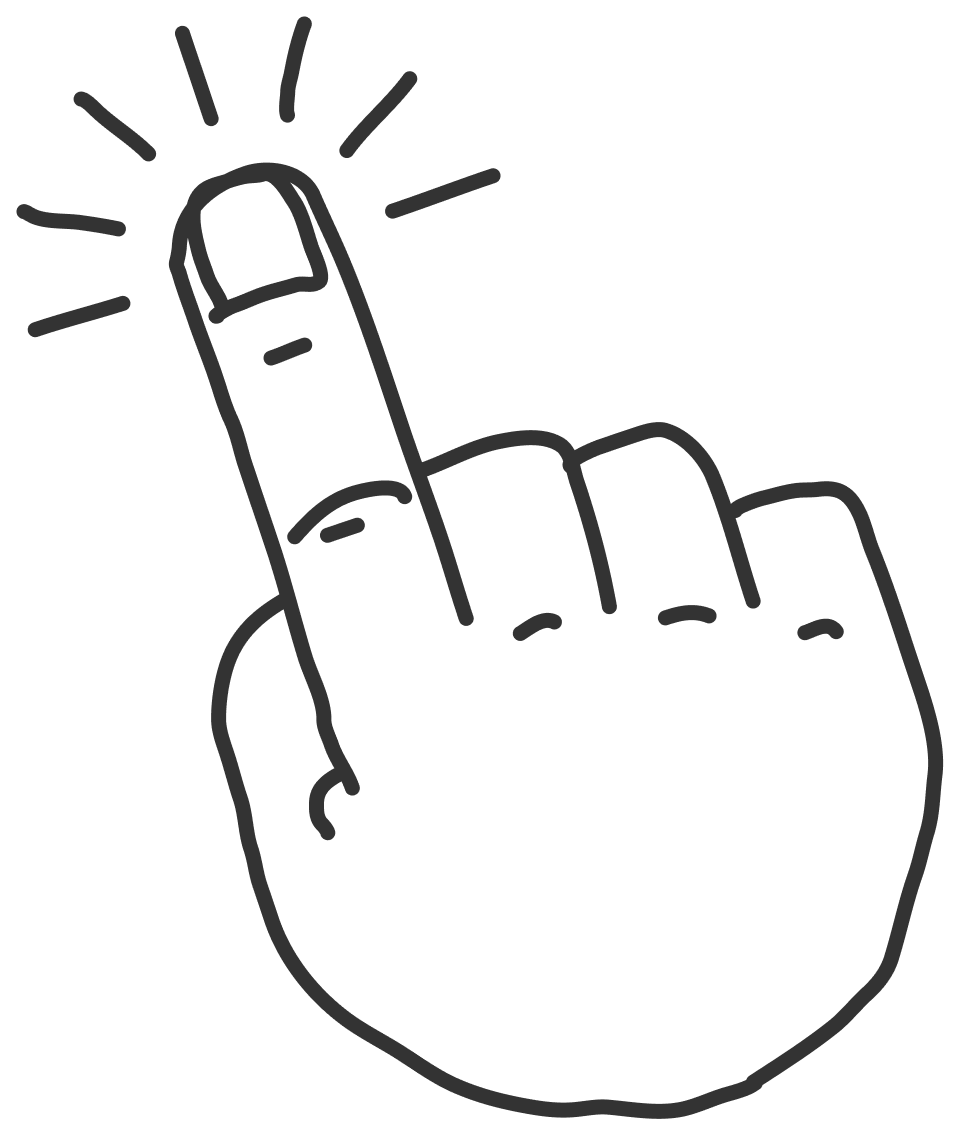 A cartoon drawing of a hand, pointing.