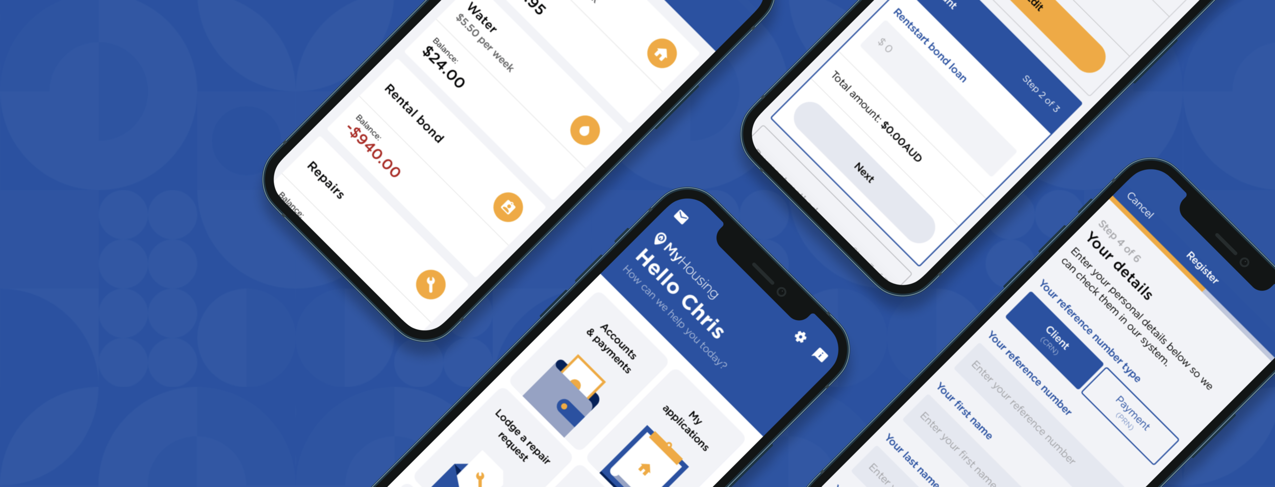 A collage of the MyHousing iPhone app dashboard, accounts landing, payment, and registration screens.