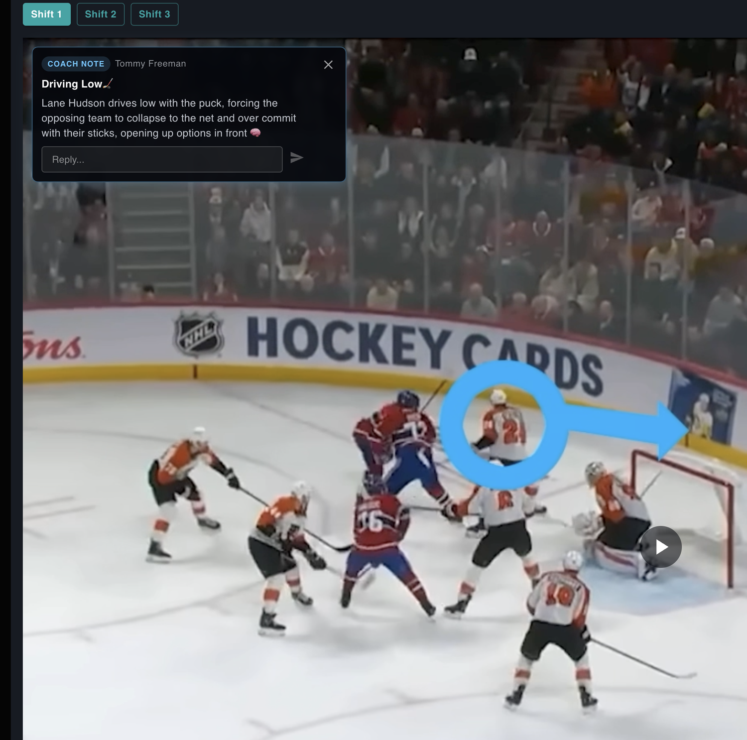 Player Vault coach note on a game clip