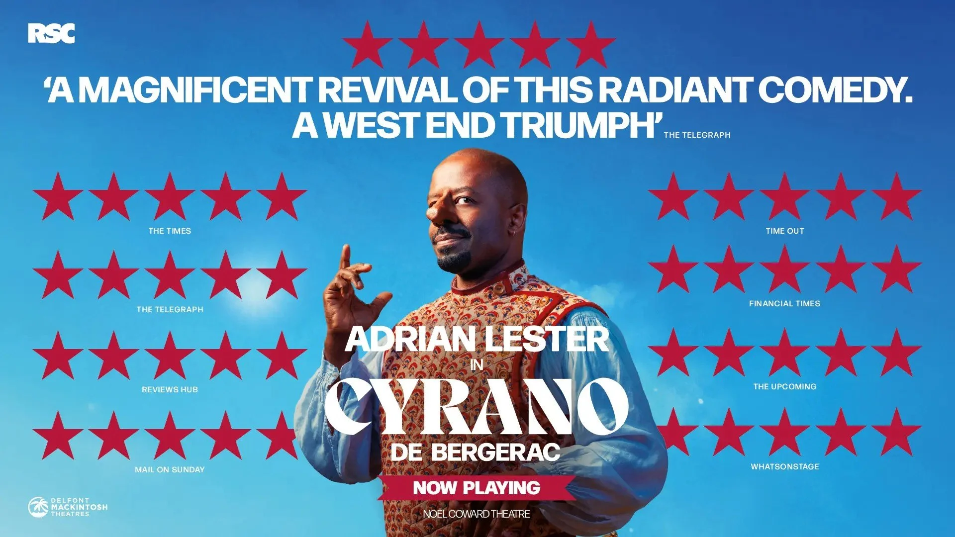 Cyrano de Bergerac — official Noël Coward Theatre poster featuring Adrian Lester.