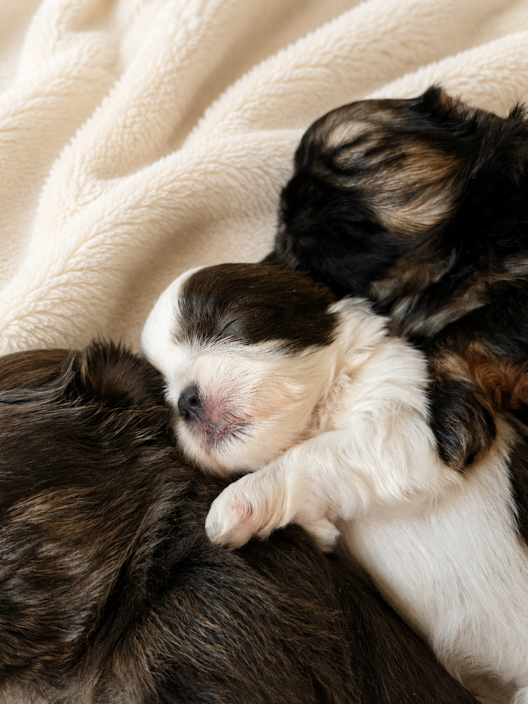 blue and blue parti Shih Tzu puppies resting on their sides on a cream blanket