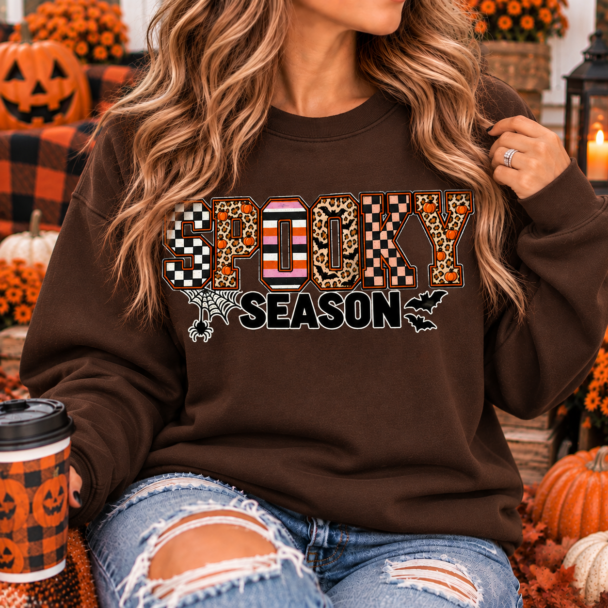 Spooky Season Halloween Crewneck Sweatshirt | Leopard & Checkered Graphic Sweatshirt