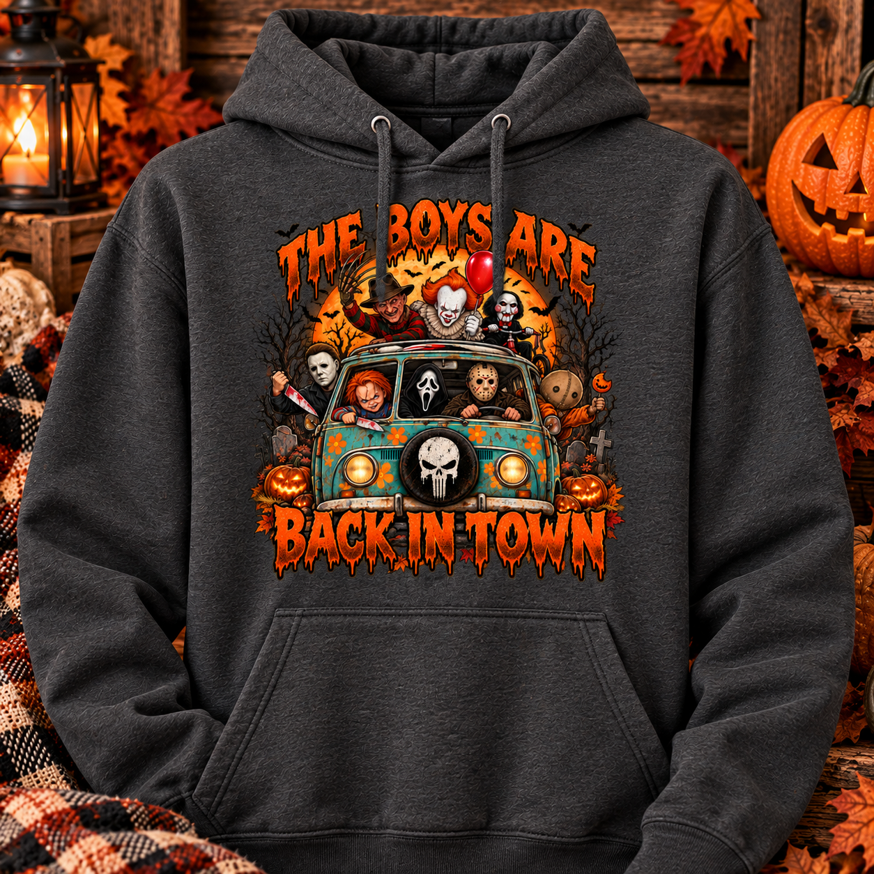 The Boys Are Back in Town Halloween Pullover Hoodie | Horror Inspired Graphic Sweatshirt