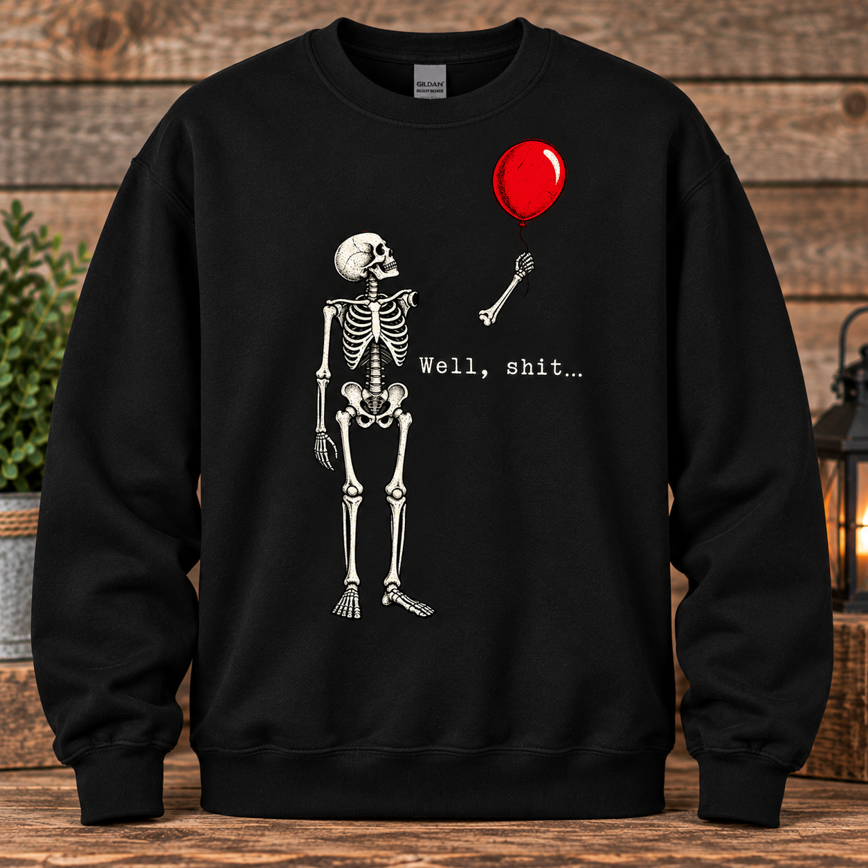 Well Shit Skeleton Crewneck – Funny Skeleton & Red Balloon Sweatshirt