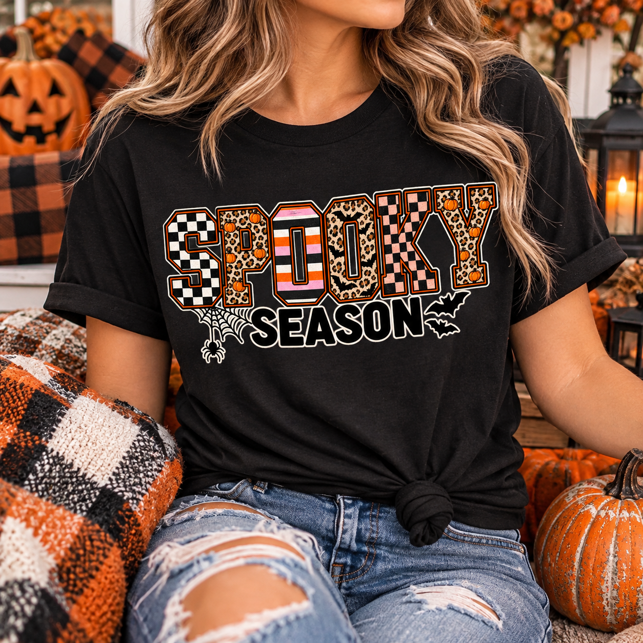 Spooky Season Halloween T-Shirt | Leopard & Checkered Graphic Tee
