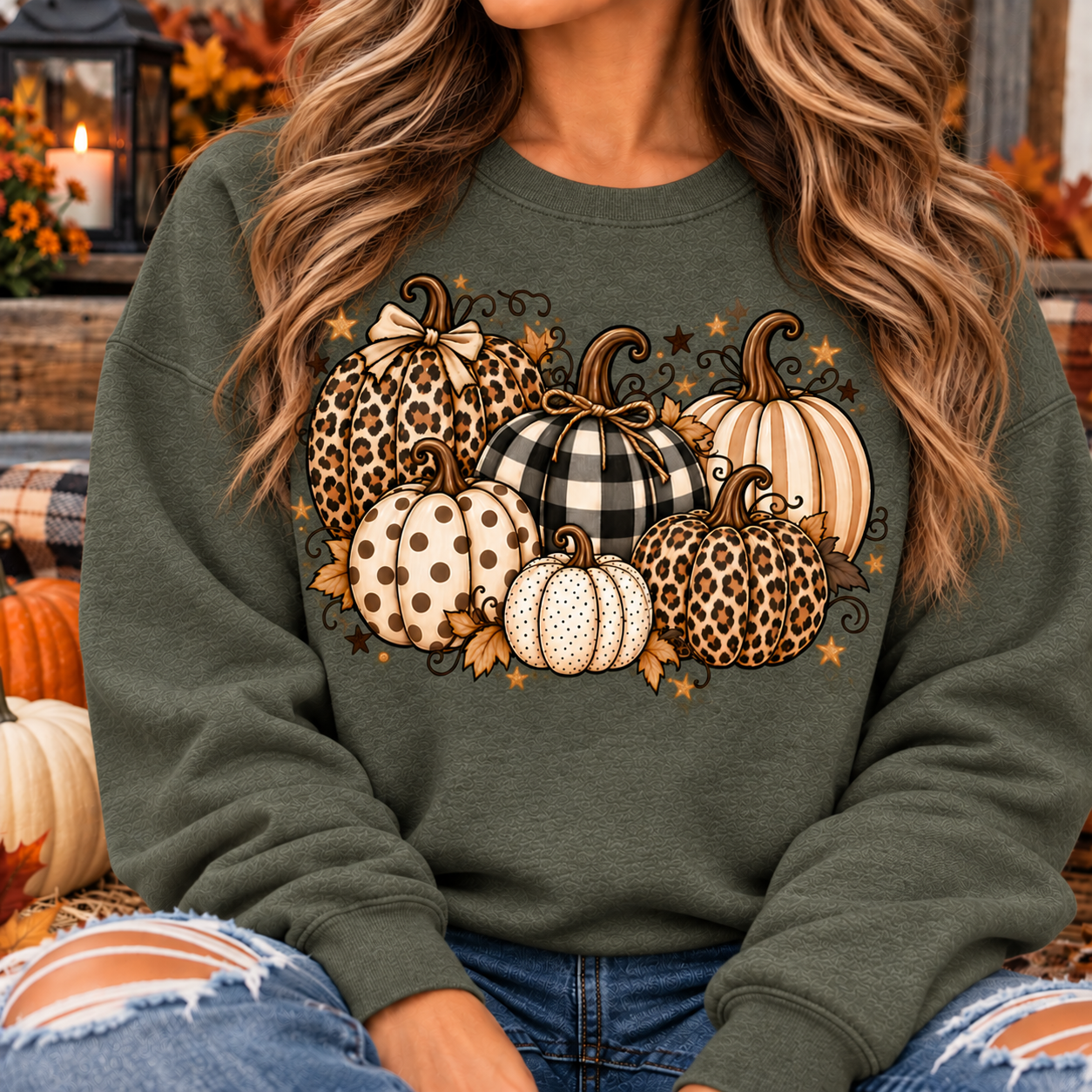 Fall Pumpkin Crewneck Sweatshirt | Leopard & Buffalo Plaid Autumn Sweatshirt