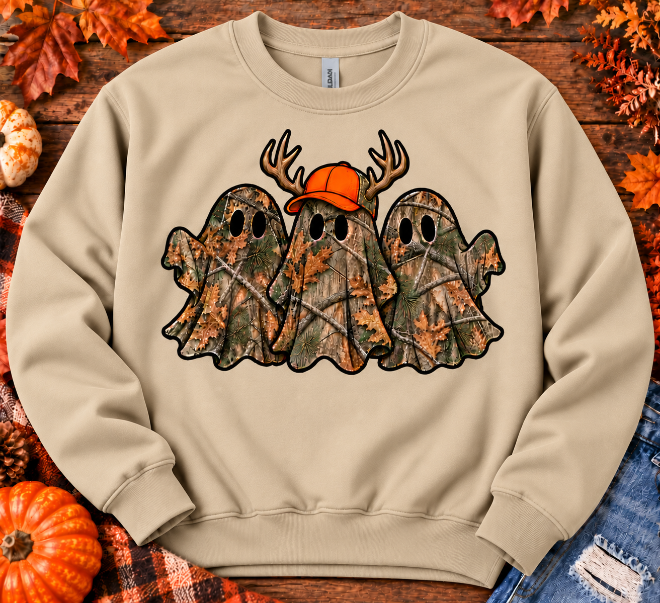 Camo Ghost Hunting Crewneck Sweatshirt – Spooky Hunting Ghost Halloween Sweatshirt