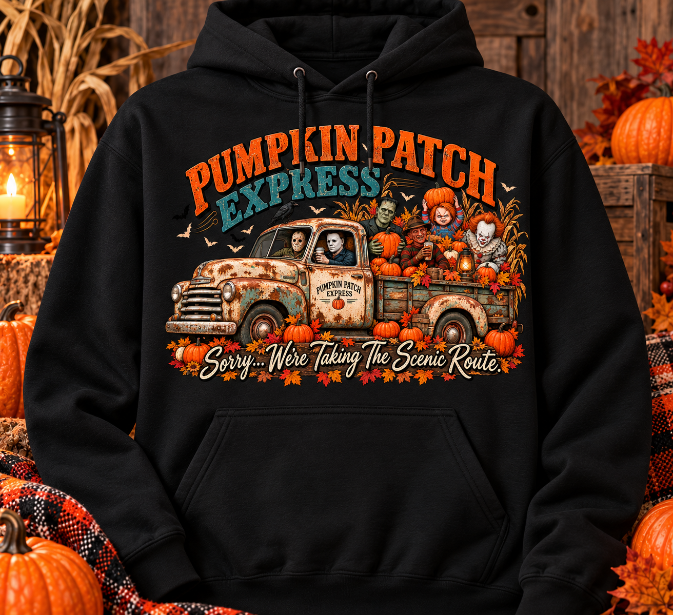 Pumpkin Patch Express Halloween Pullover Hoodie – Horror Characters Scenic Route Hoodie