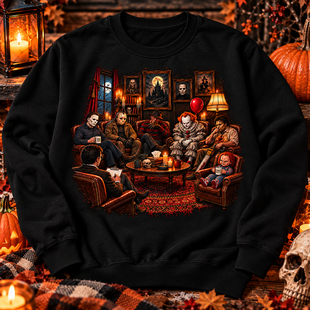 Horror Group Therapy Black Crewneck Sweatshirt | Halloween Horror Movie Graphic Sweatshirt