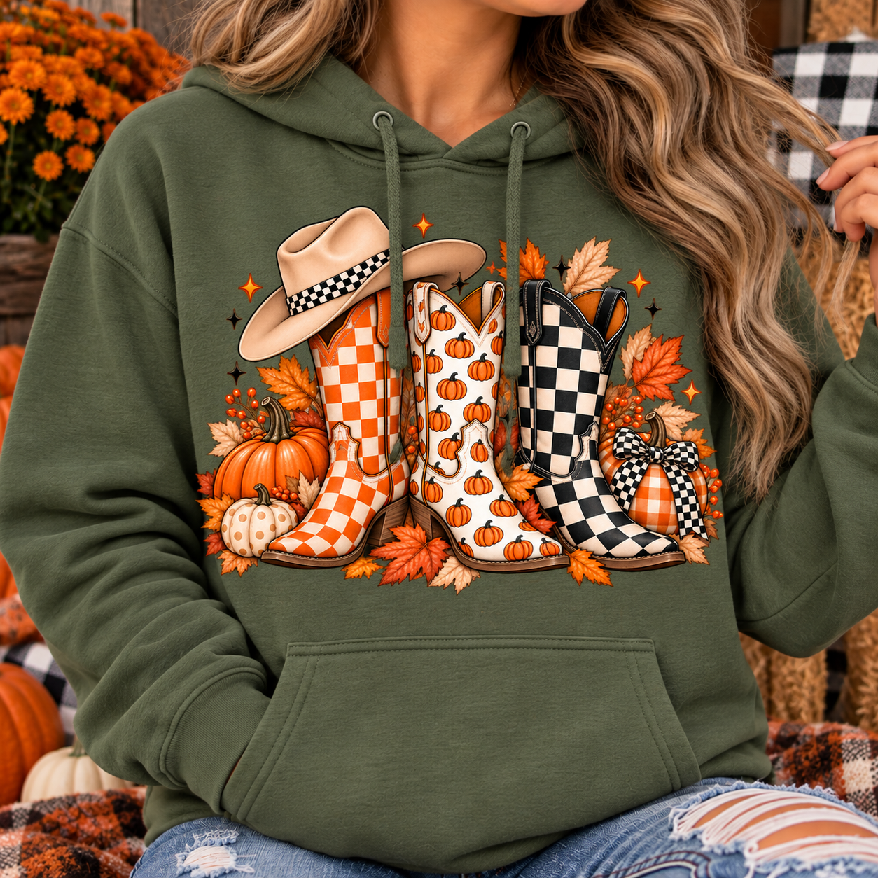 Fall Cowgirl Boots Pullover Hoodie | Pumpkin & Checkered Western Autumn Sweatshirt