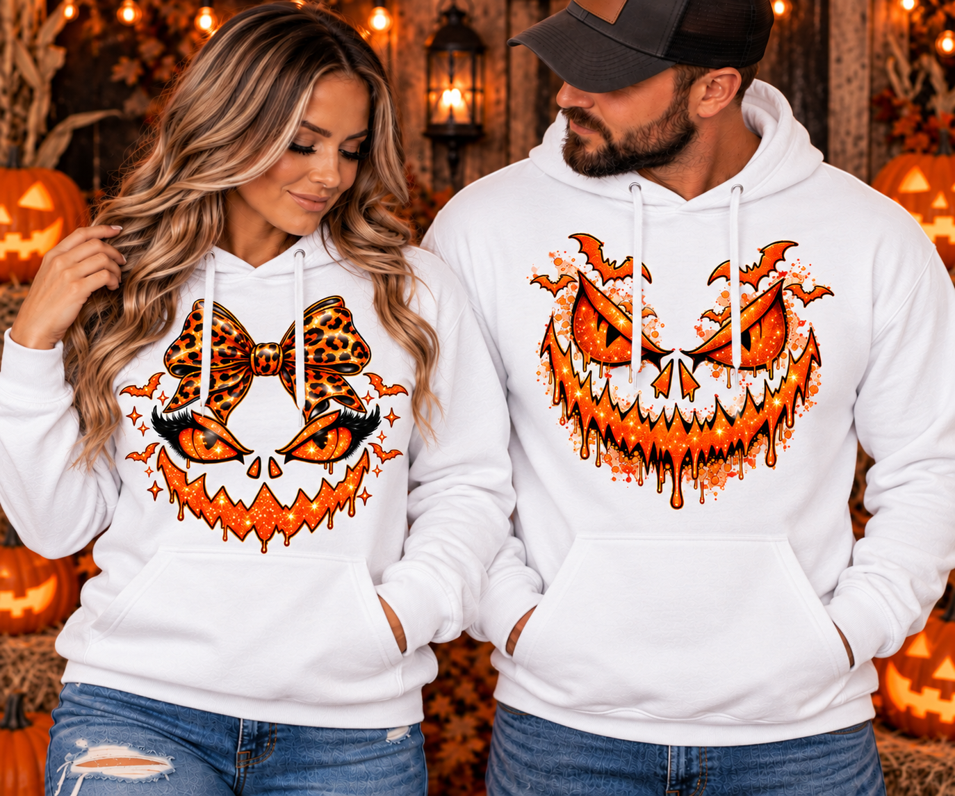 Matching Halloween Pumpkin Face Pullover Hoodie Set | His & Hers Spooky Jack-O'-Lantern Couple Hoodies