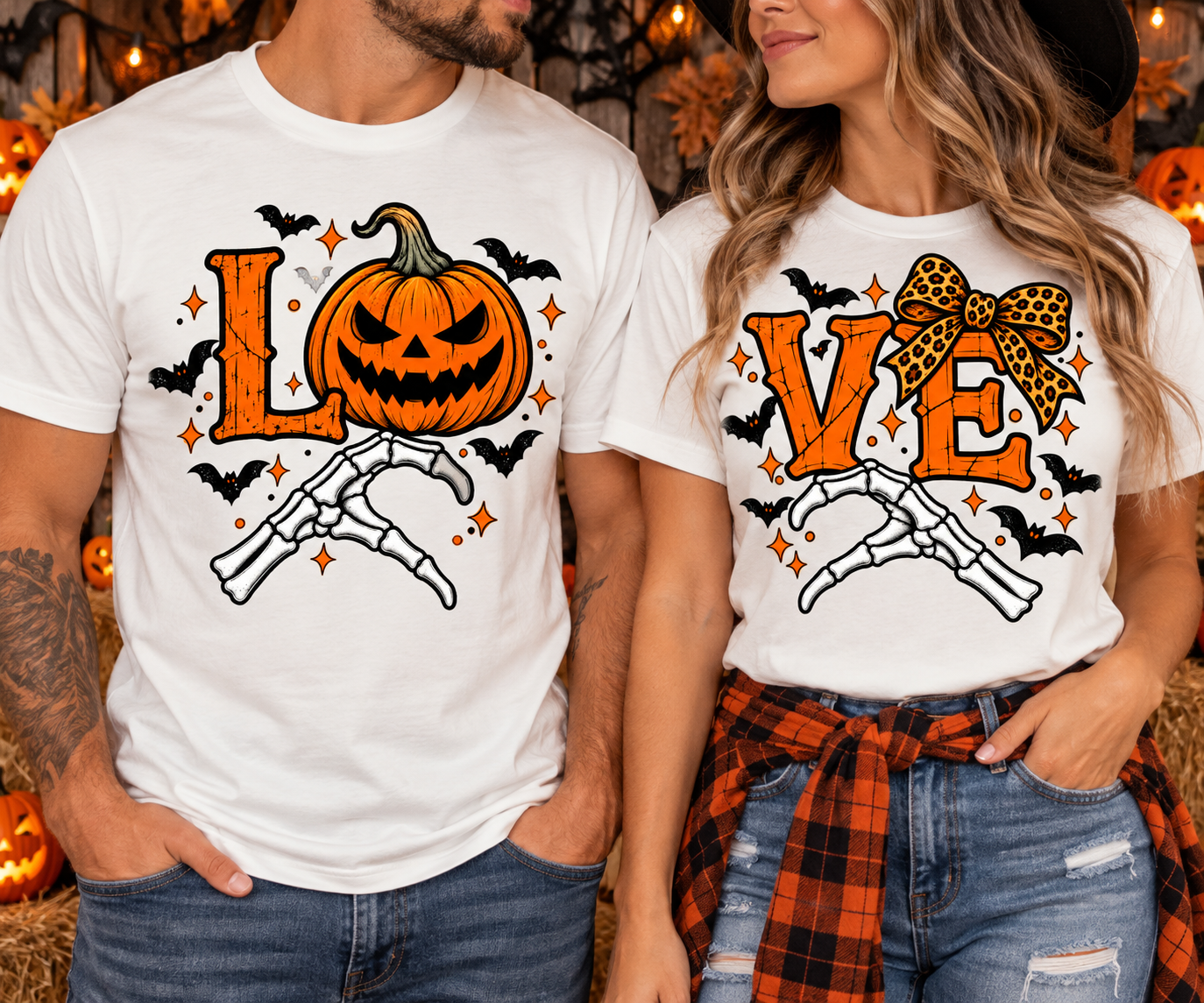 Halloween LOVE Matching T-Shirt Set | Couples Pumpkin & Skeleton Hand Graphic Tees