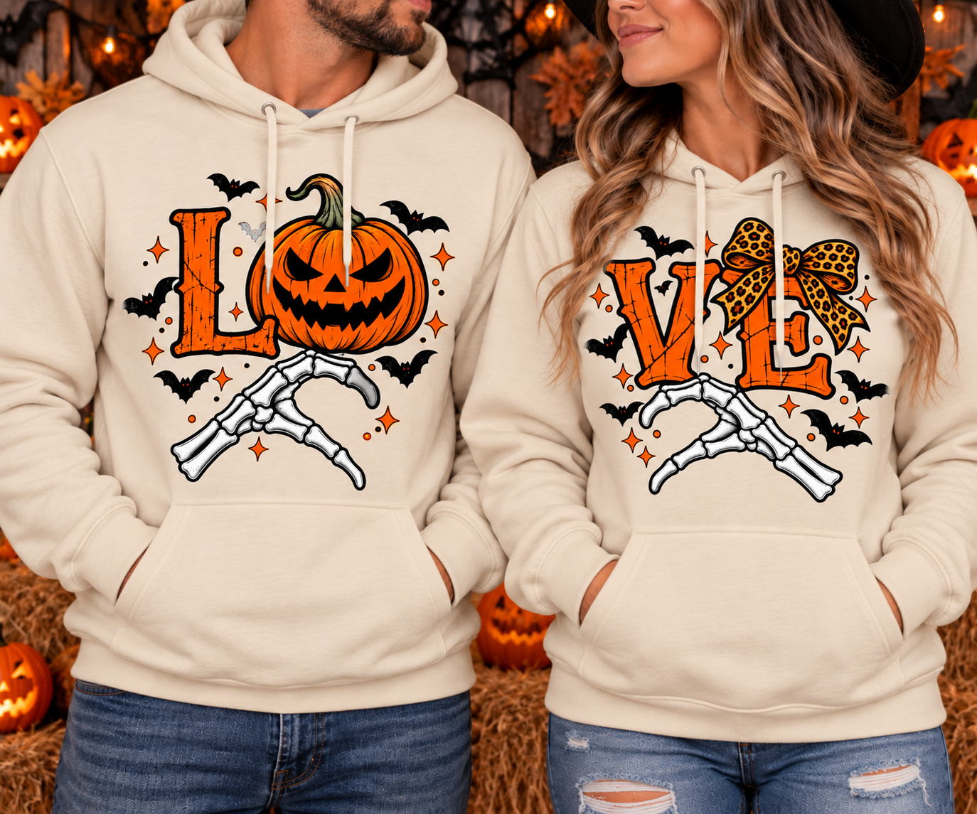 Halloween LOVE Matching Pullover Hoodie Set | Couples Pumpkin & Skeleton Hand Hoodies