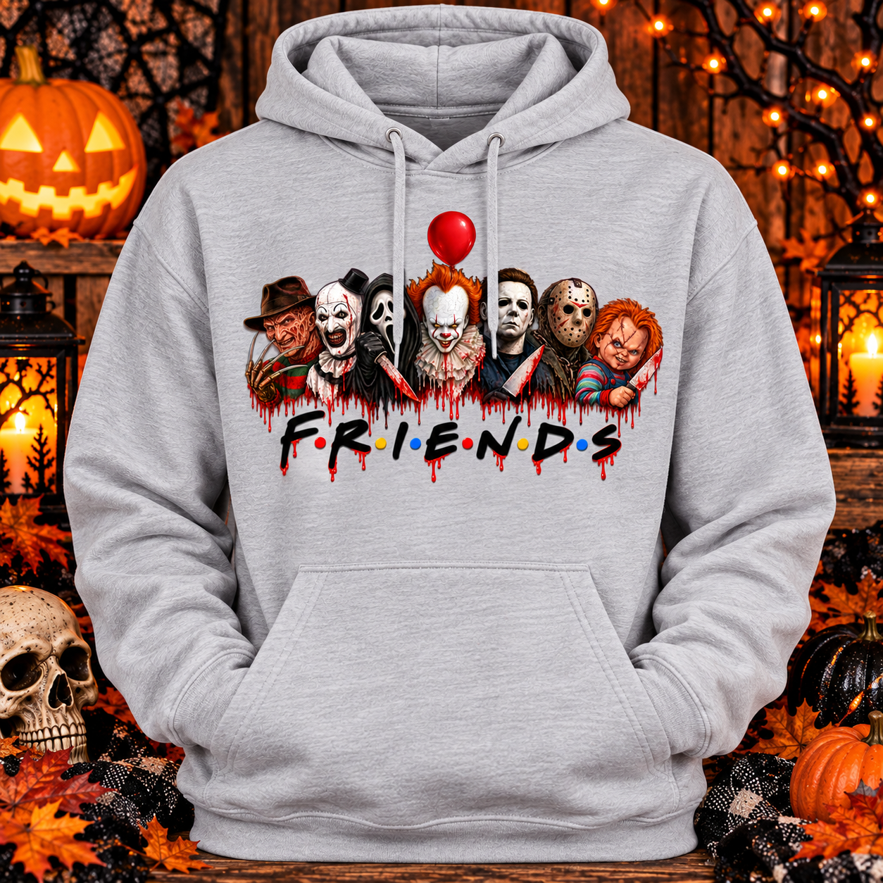 Horror Friends Pullover Hoodie | Halloween Horror Movie Friends Graphic Hoodie