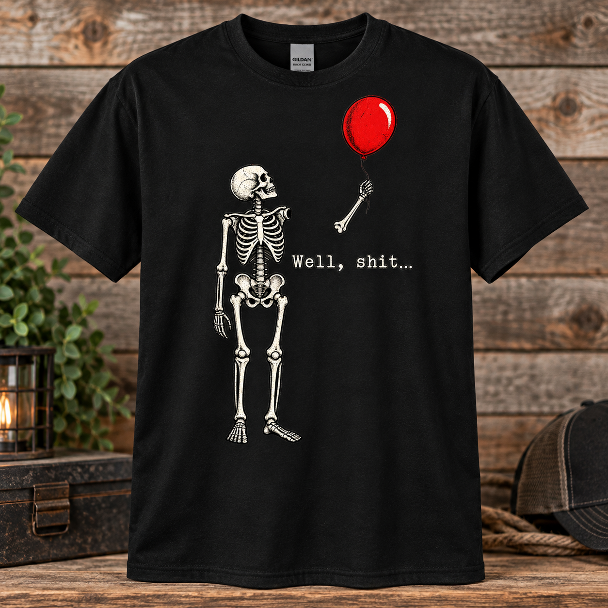Well Shit Skeleton T-Shirt – Funny Skeleton & Red Balloon Graphic Tee