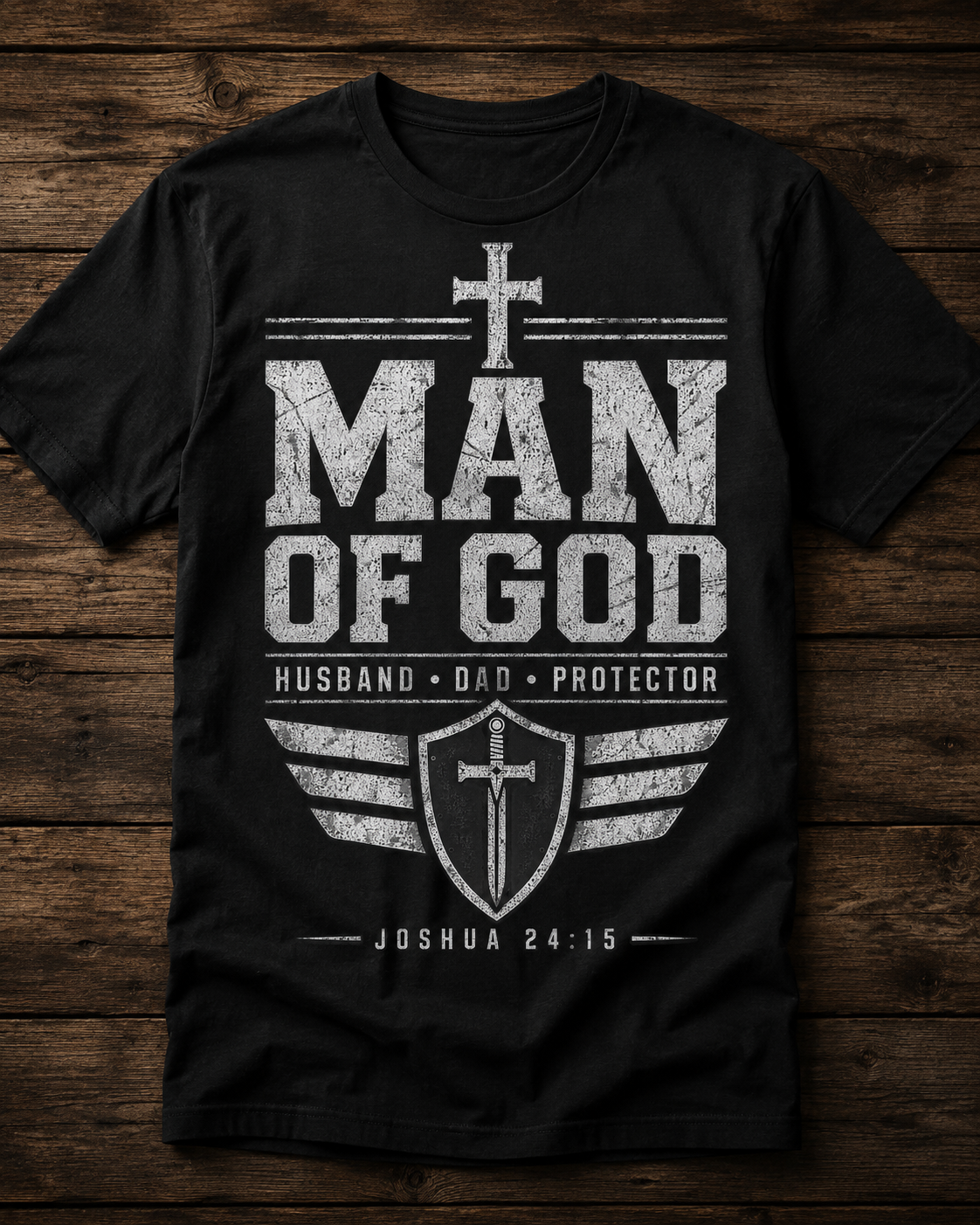 Man of God Christian Men’s T-Shirt – Joshua 24:15 Cross Graphic Tee