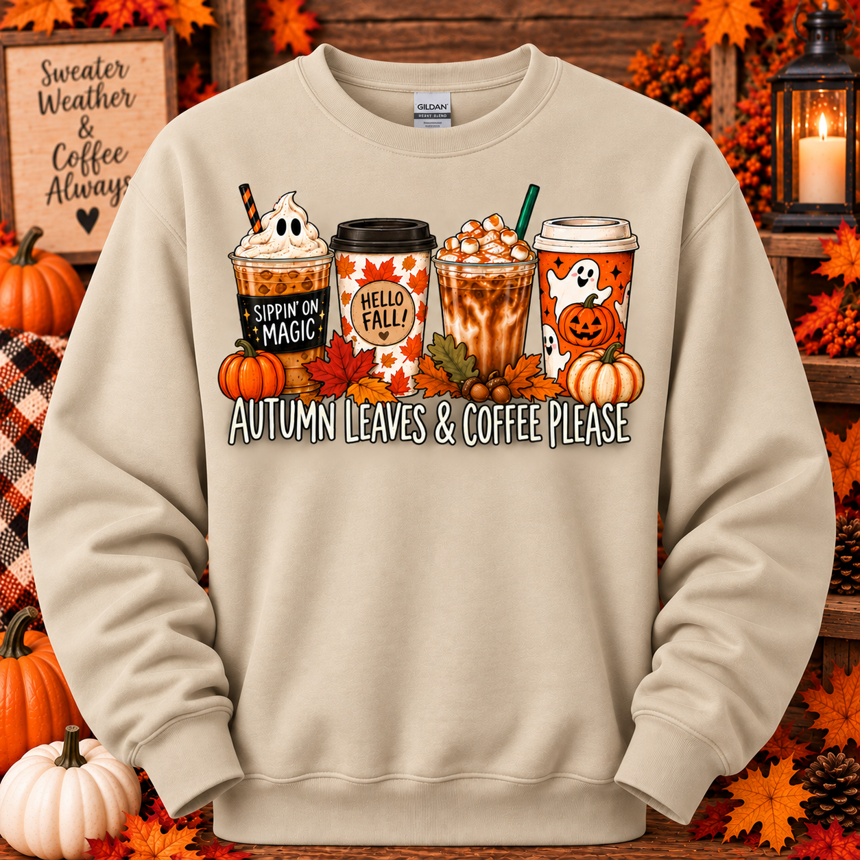 Autumn Leaves & Coffee Please Crewneck – Fall Coffee Sweatshirt