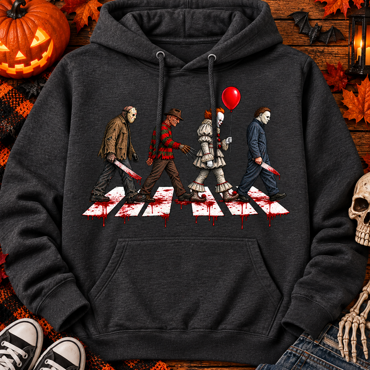 Horror Crosswalk Pullover Hoodie | Classic Horror Halloween Graphic Hoodie