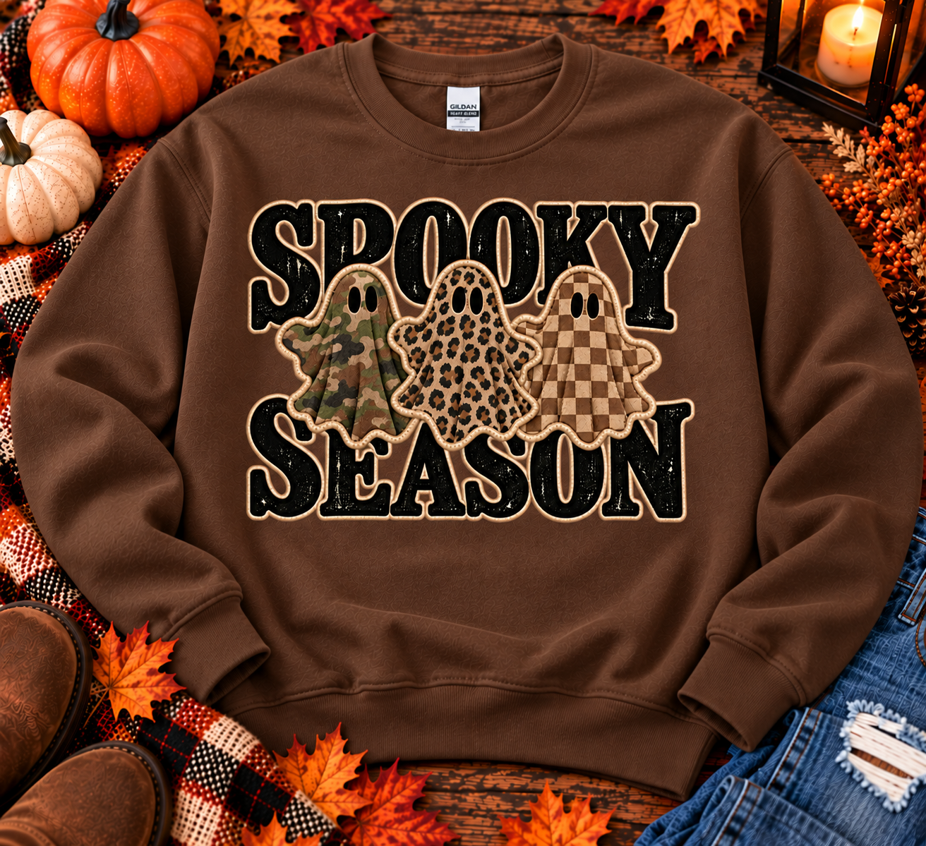 Spooky Season Ghost Crewneck Sweatshirt – Camo Leopard Plaid Halloween Sweatshirt