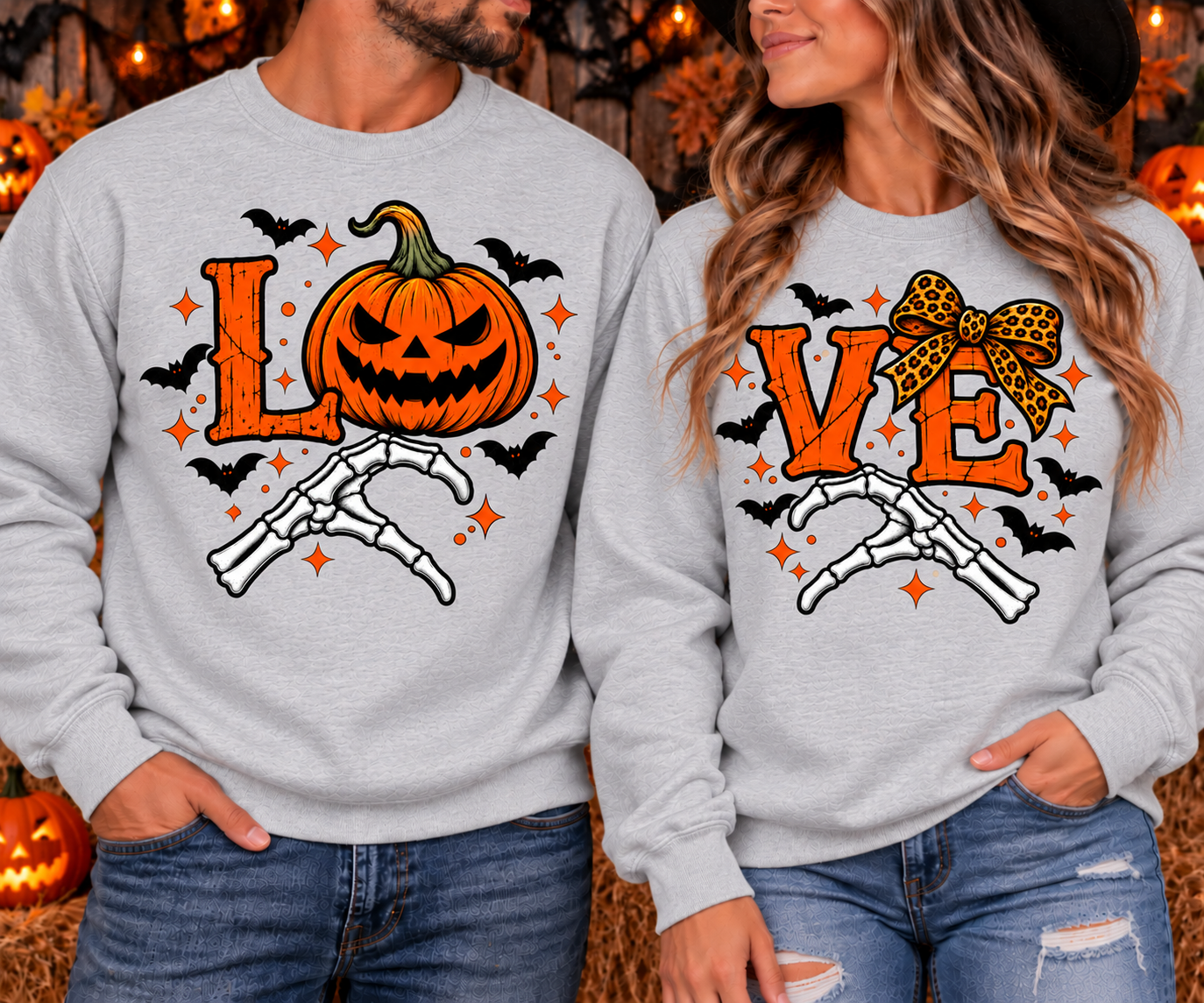 Halloween LOVE Matching Crewneck Sweatshirt Set | Couples Pumpkin & Skeleton Hand Sweatshirts