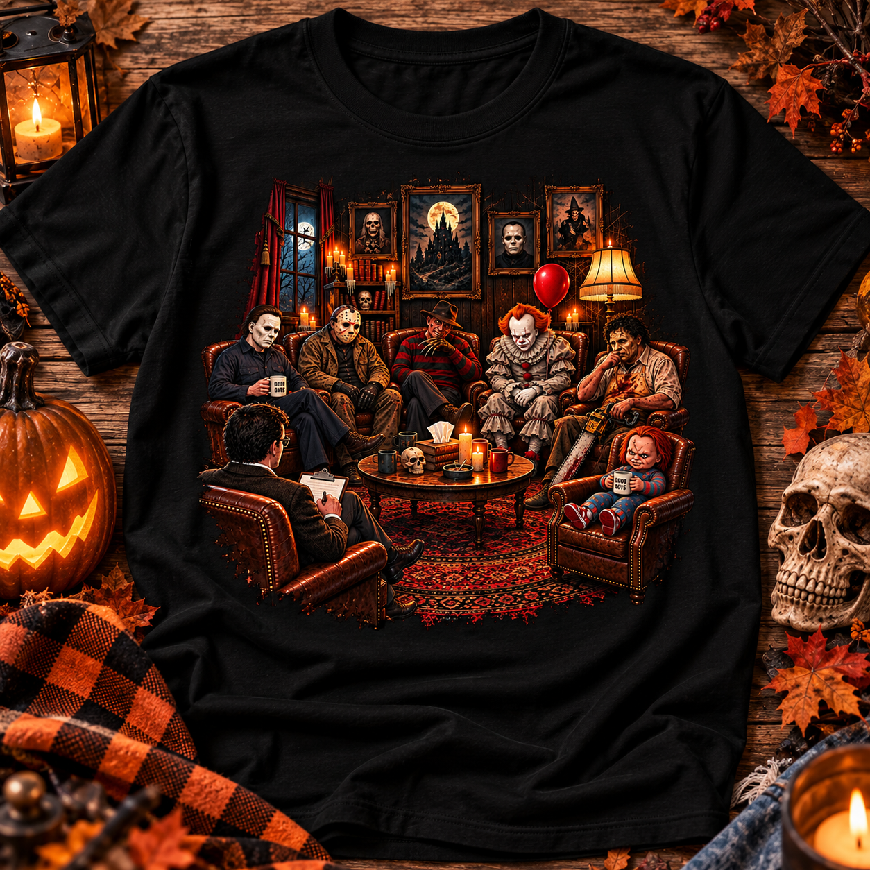 Horror Group Therapy Black T-Shirt | Halloween Horror Movie Villains Graphic Tee