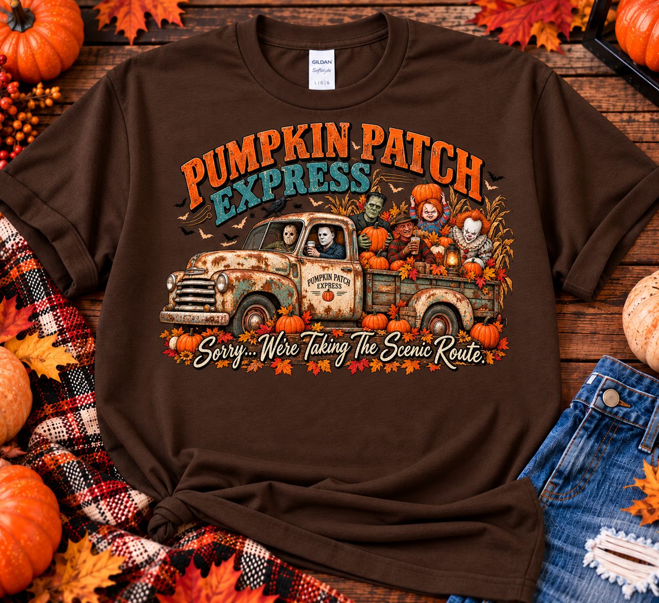 Pumpkin Patch Express Halloween T-Shirt – Horror Characters Scenic Route Fall Shirt
