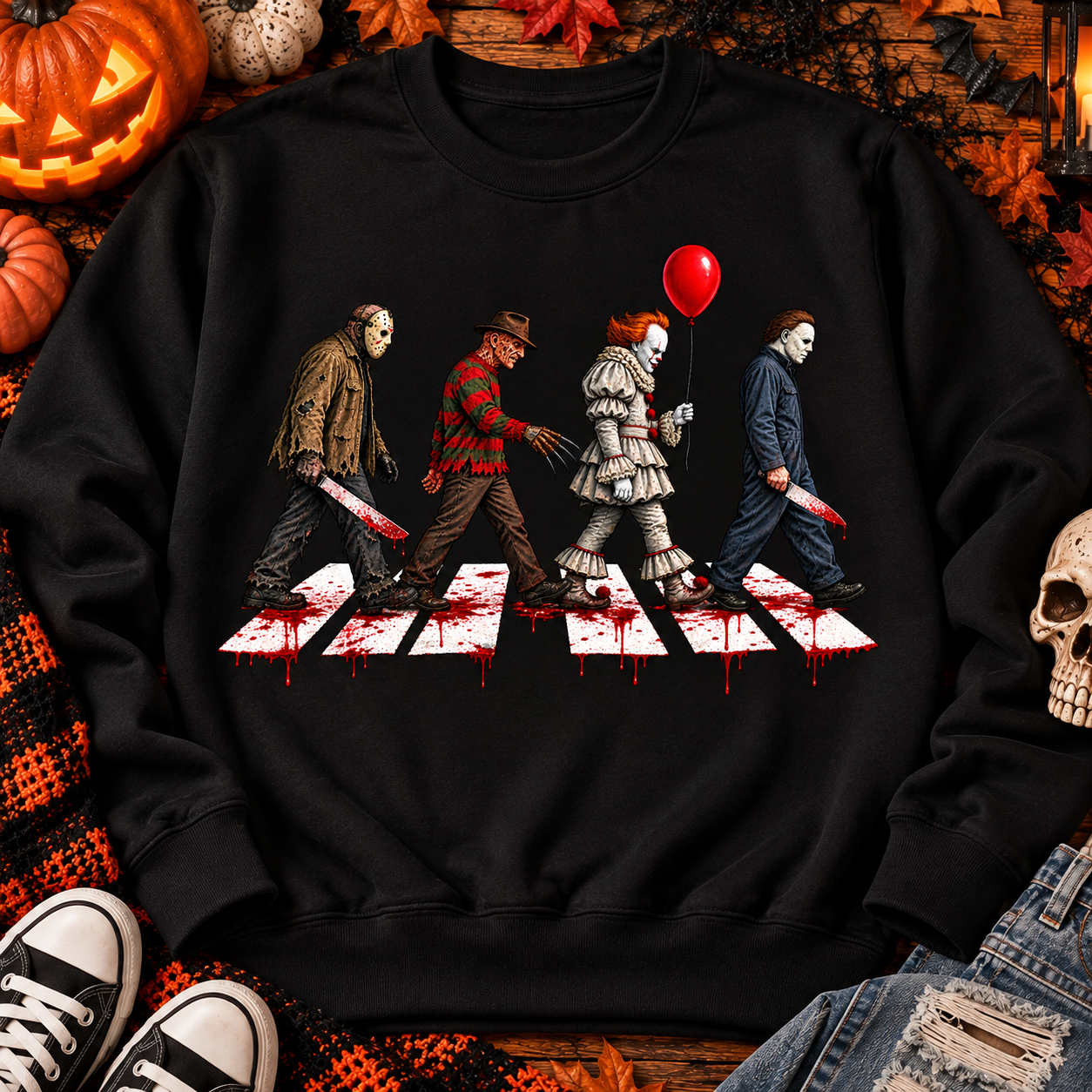 Horror Crosswalk Crewneck Sweatshirt | Classic Horror Halloween Sweatshirt