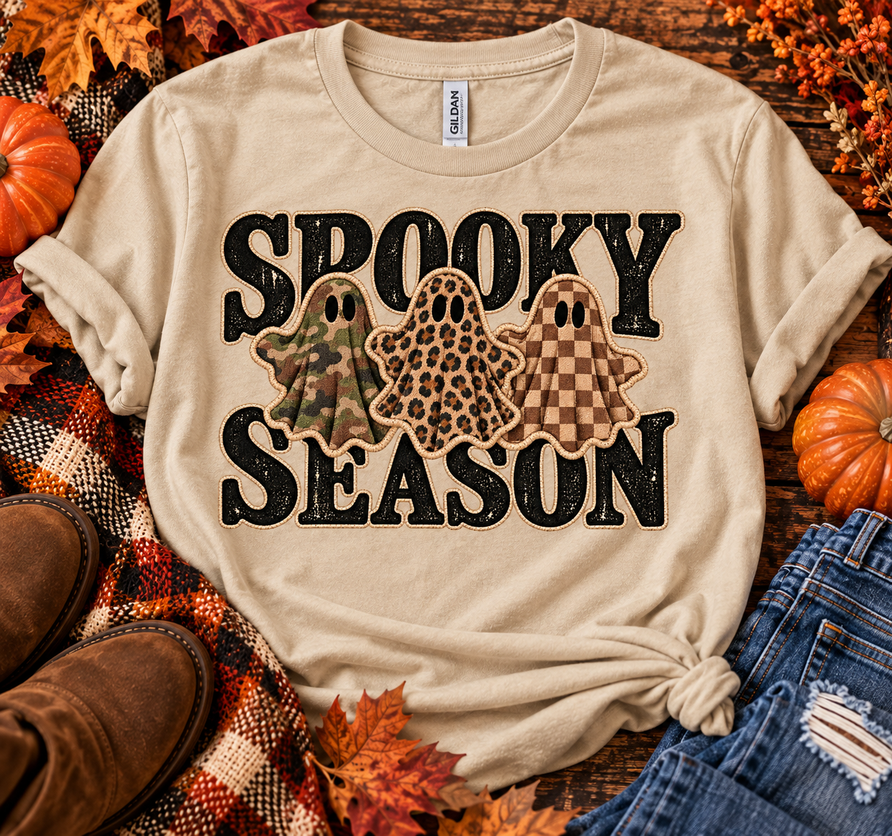 Spooky Season Ghost T-Shirt – Camo Leopard Plaid Halloween Graphic Tee