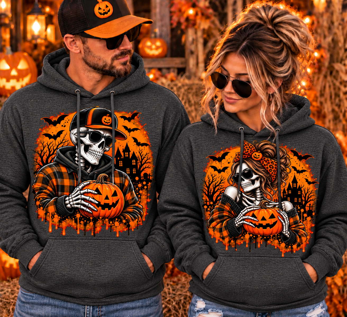 Halloween Skeleton Couple Matching Pullover Hoodie Set | His & Hers Pumpkin Skeleton Hoodies