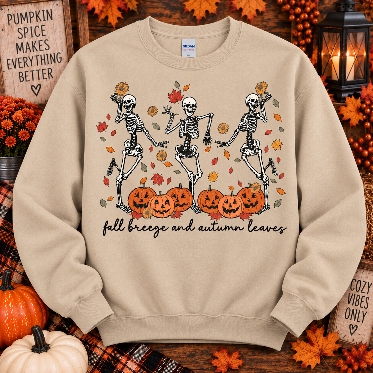 Fall Breeze and Autumn Leaves Crewneck – Dancing Skeletons Fall Sweatshirt
