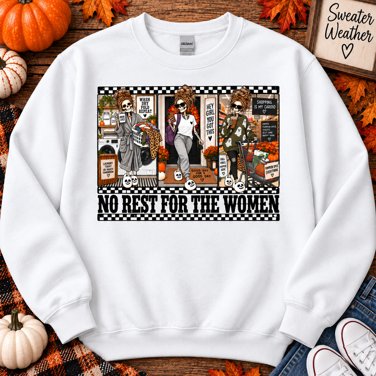 No Rest for the Women Crewneck Sweatshirt – Funny Mom Life Skeleton Fall Sweatshirt