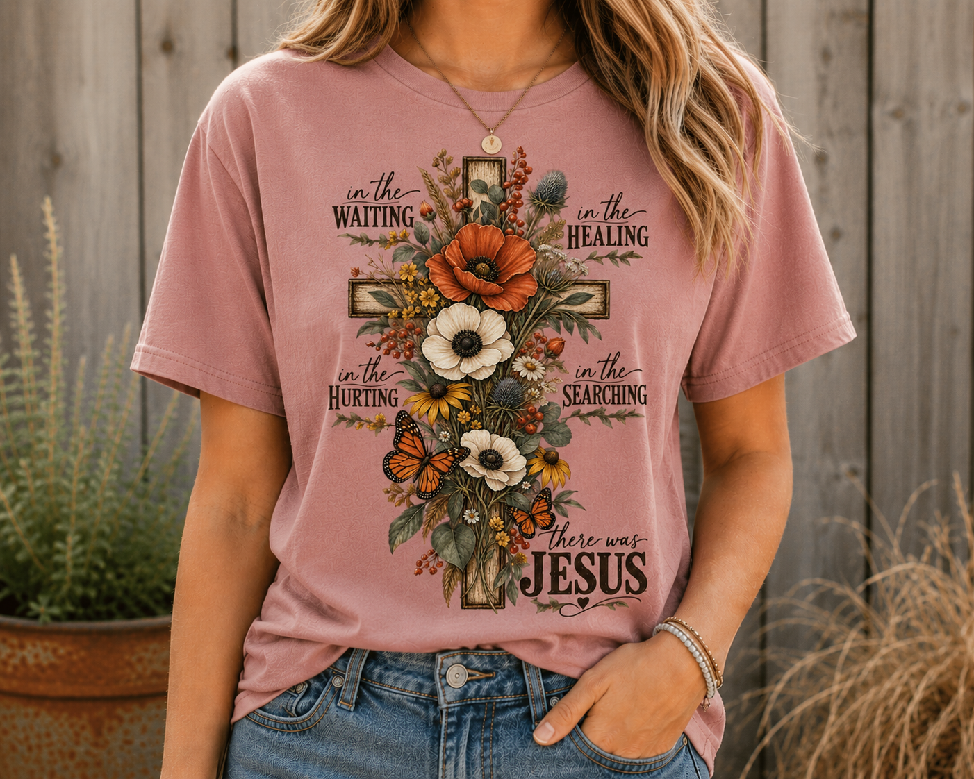 There Was Jesus Women’s Christian T-Shirt – Floral Cross Faith Graphic Tee