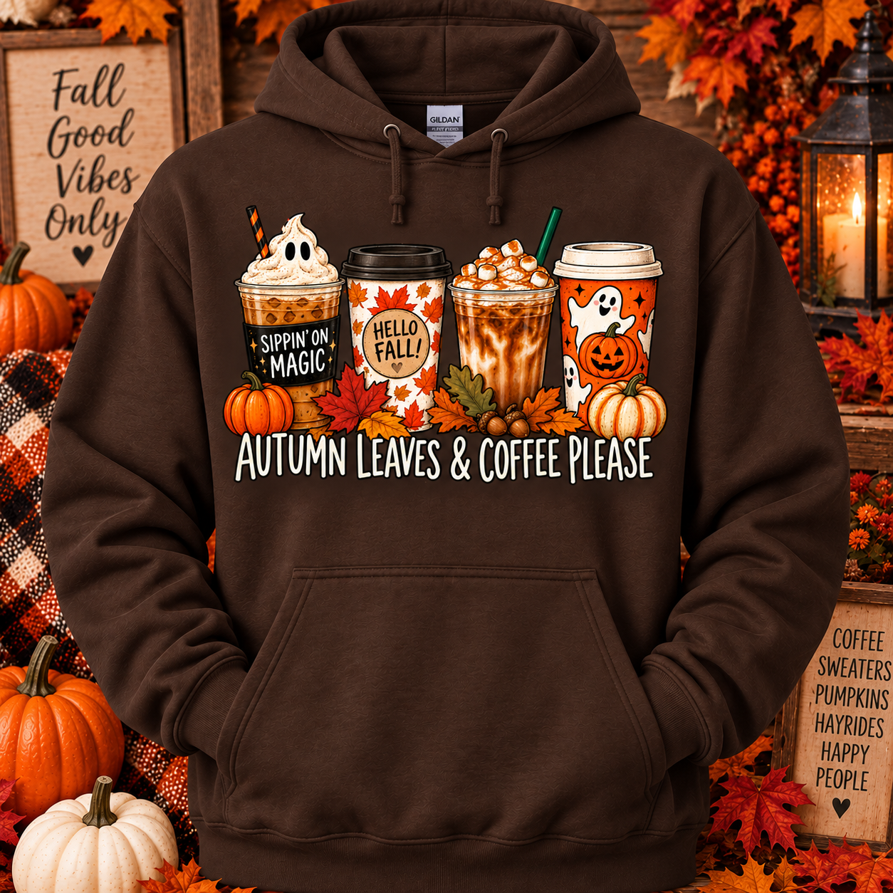 Autumn Leaves & Coffee Please Hoodie – Cute Fall Coffee Pullover Sweatshirt