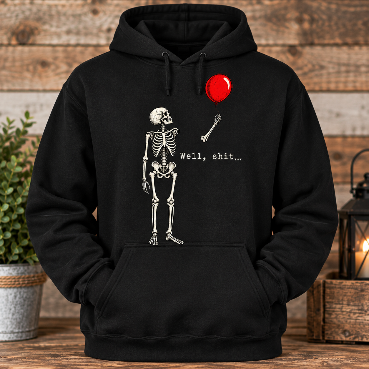 Well Shit Skeleton Hoodie – Funny Skeleton & Red Balloon Pullover