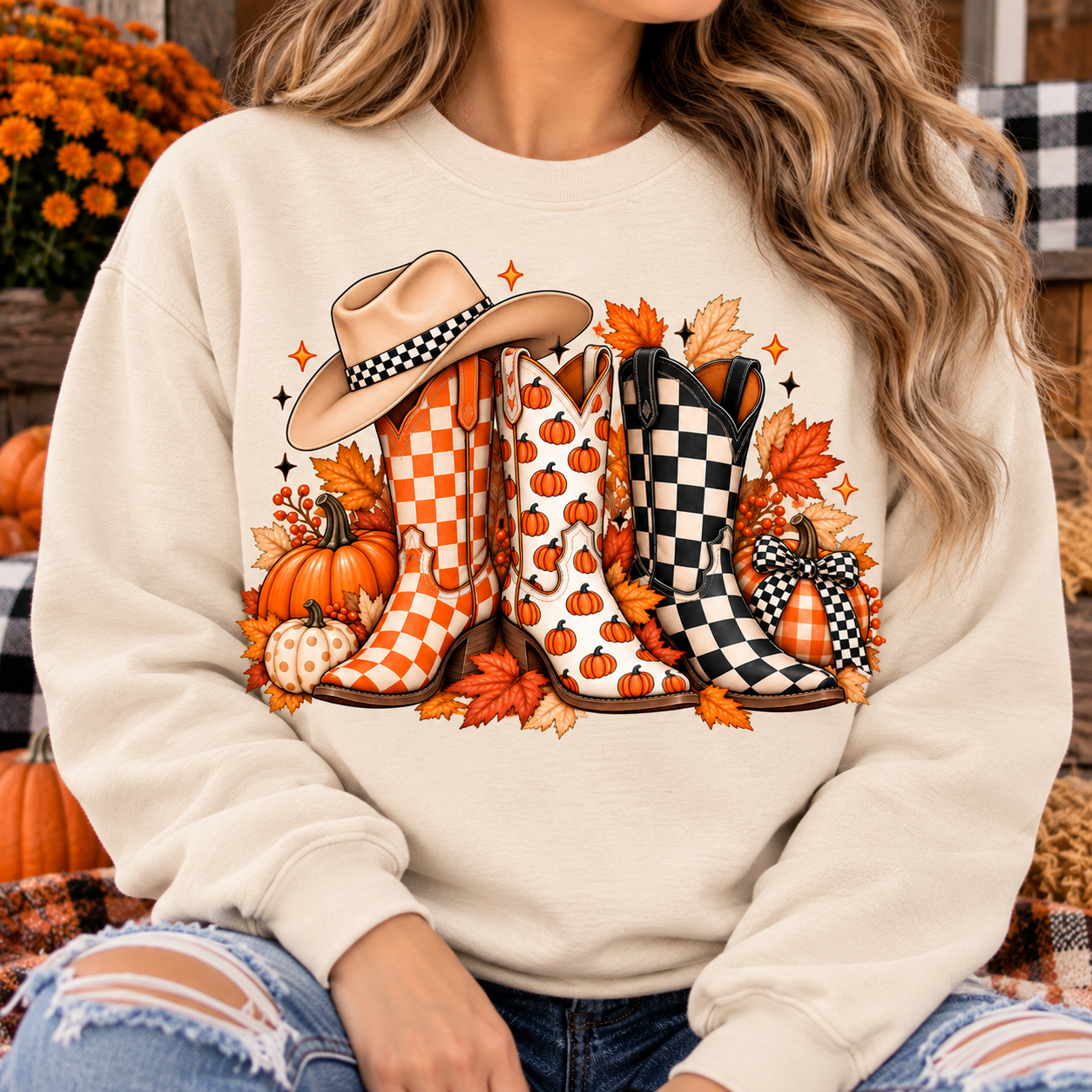 Fall Cowgirl Boots Crewneck Sweatshirt | Pumpkin & Checkered Western Autumn Sweatshirt