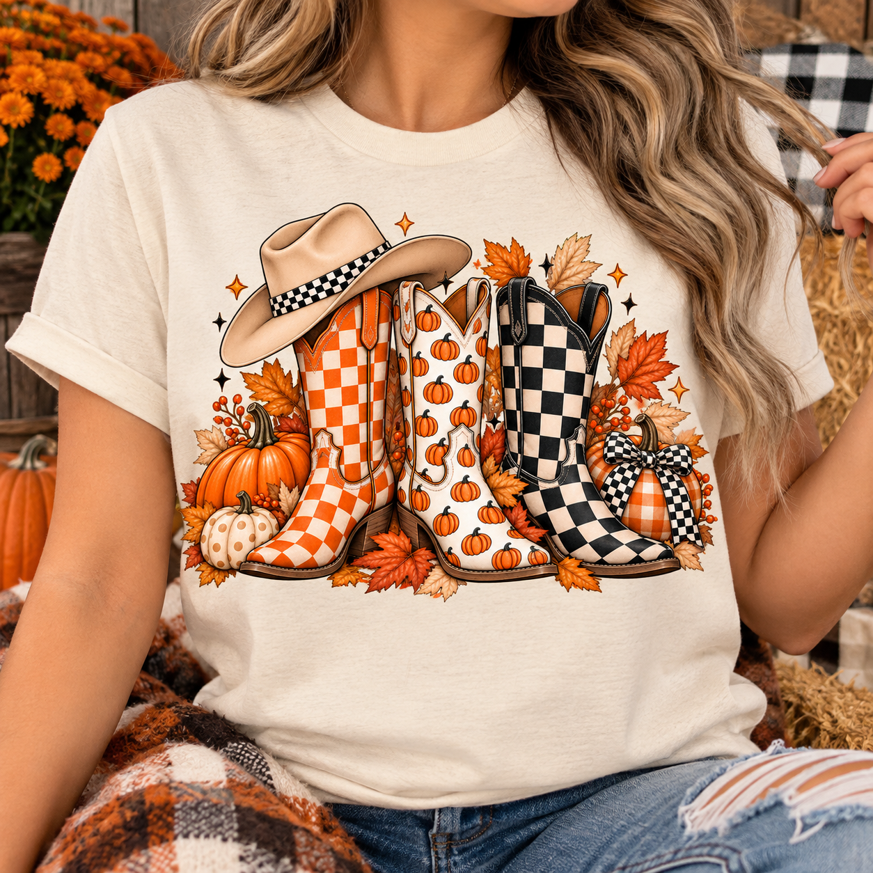 Fall Cowgirl Boots T-Shirt | Pumpkin & Checkered Western Autumn Graphic Tee