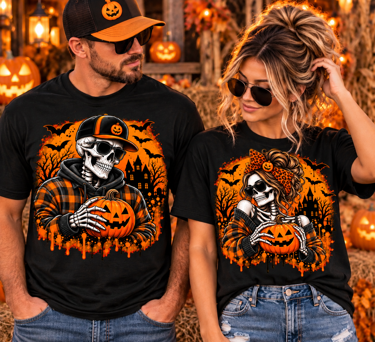 Halloween Skeleton Couple Matching T-Shirt Set | His & Hers Pumpkin Skeleton Shirts