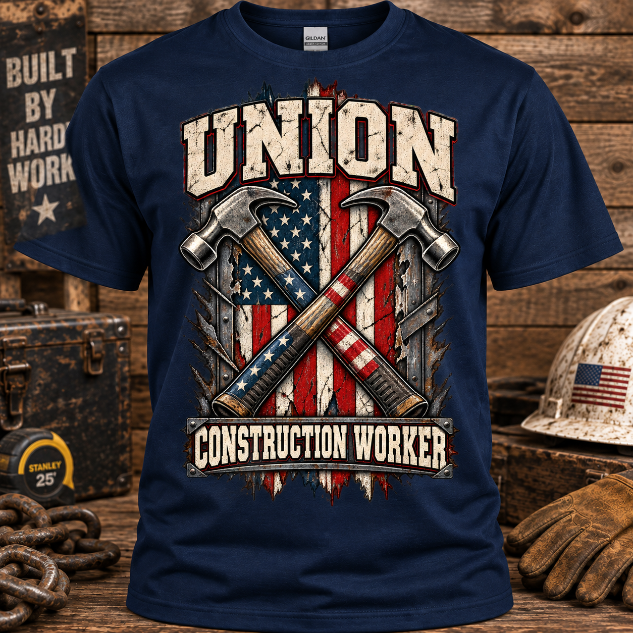 Union Construction Worker Men’s T-Shirt – Patriotic American Flag Blue Collar Graphic Tee