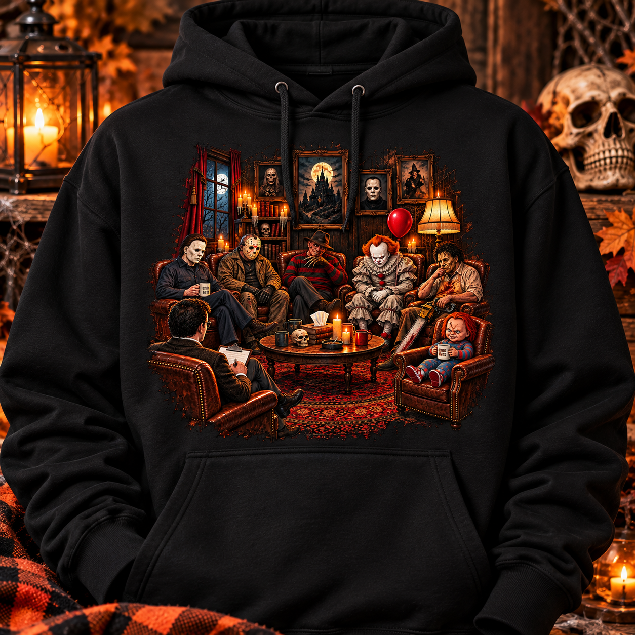 Horror Group Therapy Black Pullover Hoodie | Halloween Horror Movie Graphic Sweatshirt